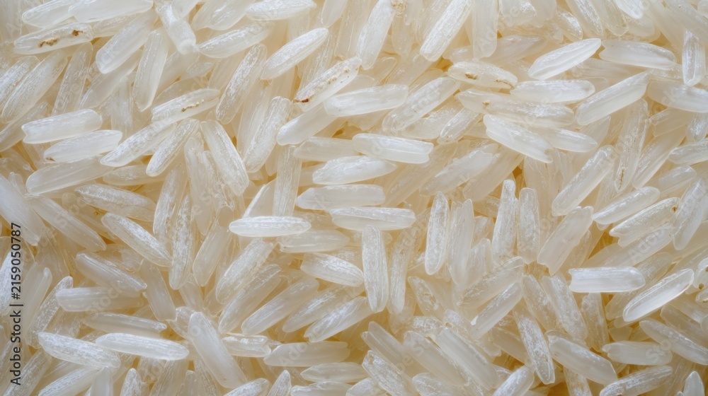 Fototapeta premium Super realistic macro texture of raw long grain rice, countless translucent ivory grains filling the entire frame, delicate longitudinal grooves