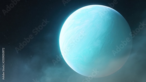 Ultra realistic distant ice covered exoplanet floating against deep space, pale turquoise atmosphere, crystalline cloud formations and subtle aurora