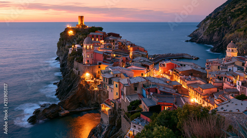 Vernazza village lit up on a dramatic cliffside overlooking the Italian Riviera at dusk. This romantic scene perfectly illustrates Mediterranean travel and destination tourism.