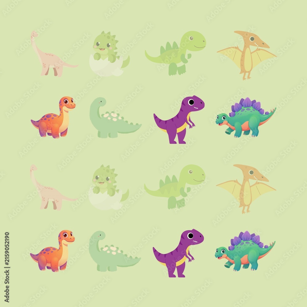 Fototapeta premium Soft pastel green background with cute little dinosaur illustrations, playful and minimal, tiny baby Dino’s scattered naturally across the background.