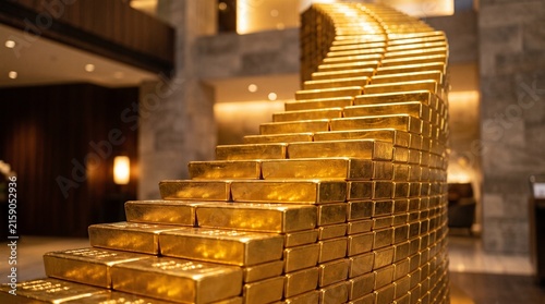 Staircase of Wealth: A magnificent staircase constructed entirely from gleaming gold bars, symbolizing immense wealth, prosperity, and the pursuit of luxury.