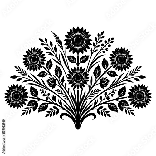 Harvest, Vintage sunflower bouquet vector, black floral arrangement with leaves and wheat, rustic botanical silhouette illustration isolated on White Background