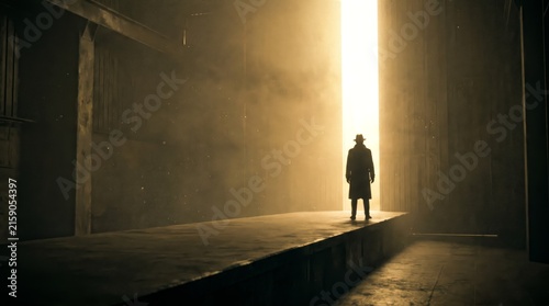 Silhouette of a man in a hat standing before a bright portal