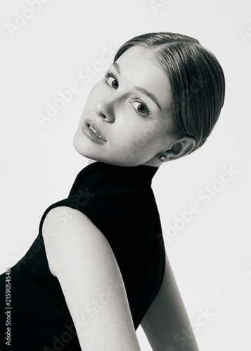 monochrome portrait of a beautiful woman with neat hairstyle and big eyes