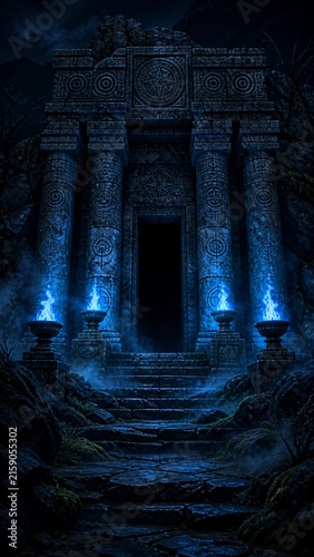 Mystical Ancient Temple Gateway Illuminated by Blue Flames