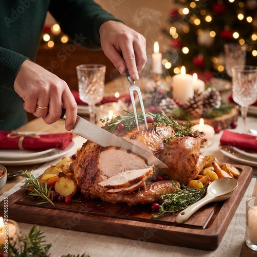 Holiday Feast Carving: Hands expertly carve a succulent roasted turkey, centerpiece of a festive holiday table adorned with candles, pinecones, and evergreen boughs.
