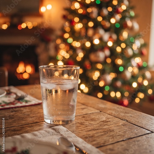 Festive Refreshment: A glass of ice water sits on a wooden table, with a warmly lit fireplace and a sparkling Christmas tree blurred in the background, creating a cozy holiday atmosphere.