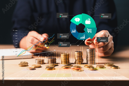 Obraz na płótnie Financial planning concept showing investment allocation, savings growth, portfolio strategy, market analysis, and organized money management with charts and coins for long term wealth building