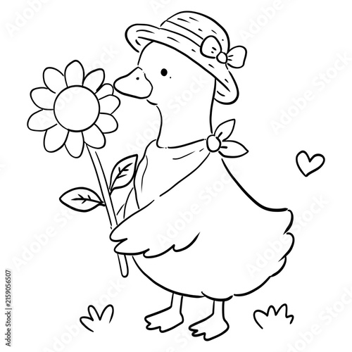 Silly goose holding sunflower cartoon doodle for coloring page