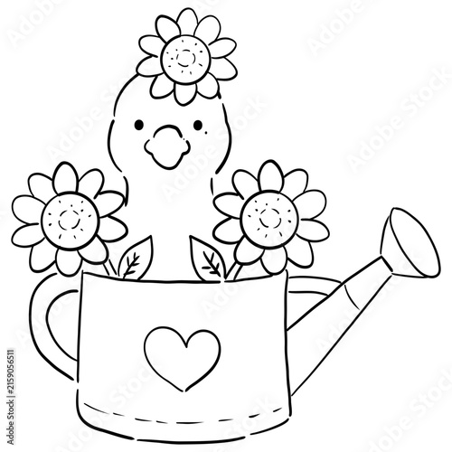 watering can and flowers Silly goose cartoon doodle for coloring page