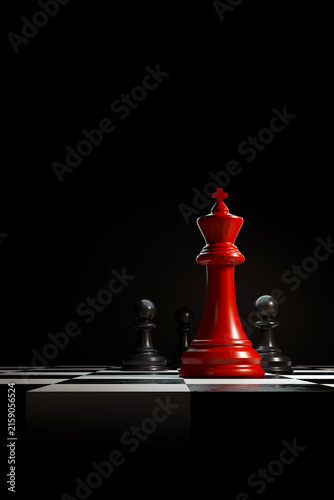 Red chess king standing above black pieces, symbolizing leadership, power, strategic thinking, competition, and business success