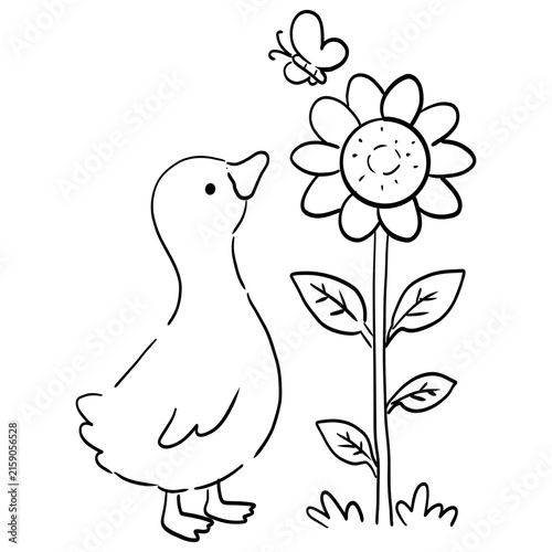 Silly goose with sunflower and butterfly cartoon doodle for coloring page