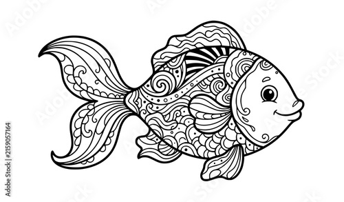 Decorative cartoon fish striped pattern black white outline vector art