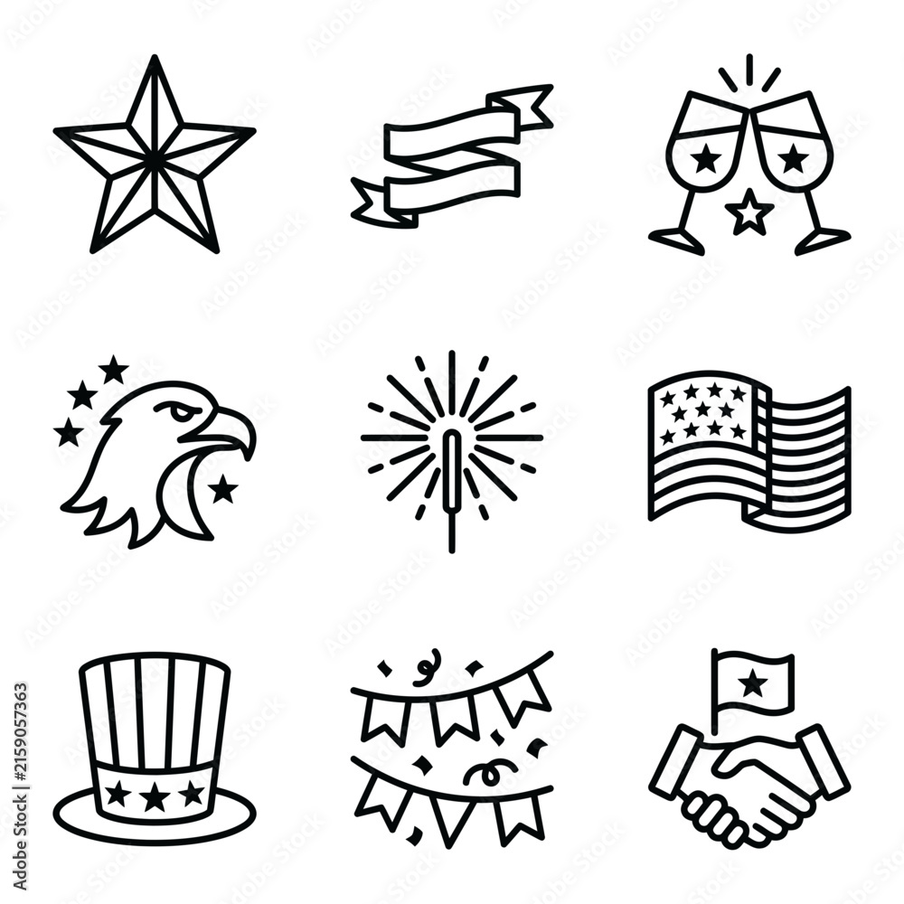 Fototapeta premium United States patriotic and American holiday line icons.