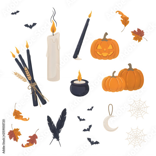 Halloween elements with pumpkins candles and autumn leaves for festive decor Isolated on transparent background