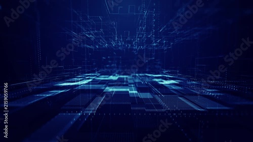 Abstract digital technology background with glowing blue data grids, binary patterns, and futuristic network structures representing big data, computing, connectivity, and information processin