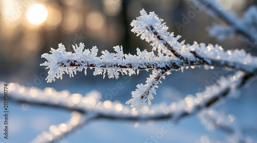 Extreme close-up of rime ice coating on a tree branch, delicate needle-like ice crystals in pure white, soft diffused winter light, cold frosty atmosphere, crystalline winter wonde