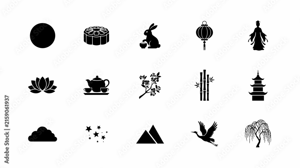 Naklejka premium Elegant black and white cultural symbols icon set with traditional motifs with organized grid visual harmony cultural inspiration icons representing traditional