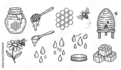 Honey jar bee beekeeping hand drawn black doodle vector set