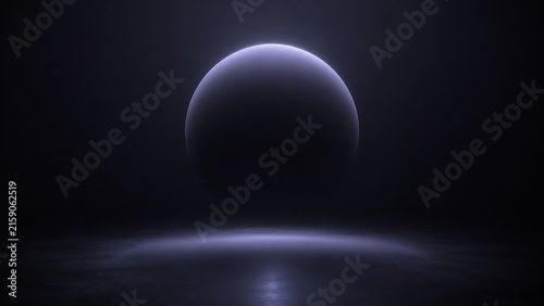 Minimalist glowing sphere floating above dark reflective surface abstract background
