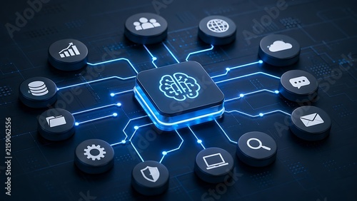 Artificial intelligence central processor connected to digital business network icons