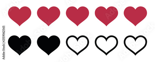 Картината върху платно Set of heart icons filled and outlined in red and black for love and emotion symbols