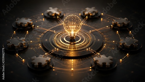 Central glowing light bulb connected to surrounding metallic puzzle pieces in digital network concept
