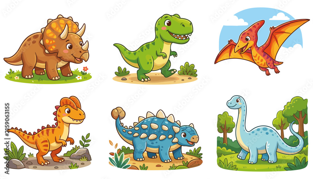 Naklejka premium Cute Dinosaur Character Collection Featuring Triceratops T Rex Pterodactyl Stegosaurus and Brachiosaurus Prehistoric Animals Vector Illustration