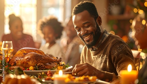 Happy African American family enjoying a festive Thanksgiving dinner together at a table laden with food and candles.