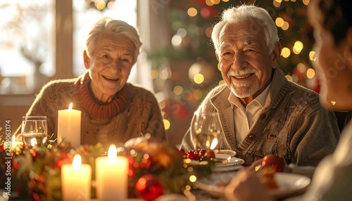 Elderly couple enjoying a festive Christmas dinner with family by candlelight.
