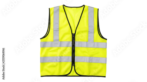 Safety high visibility yellow vest with reflective stripes and front zipper for construction site work.