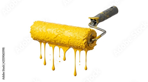 Paint roller tool saturated with thick yellow paint drips isolated on transparent background png file.