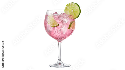 Foto Pink gin tonic cocktail with ice and lime slices in a stemmed glass for refreshing summer drink