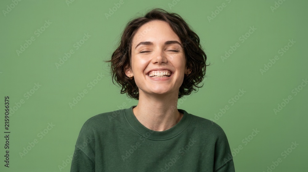 Obraz premium Beautiful young woman expressing happiness and joy through a big smile on a green background.