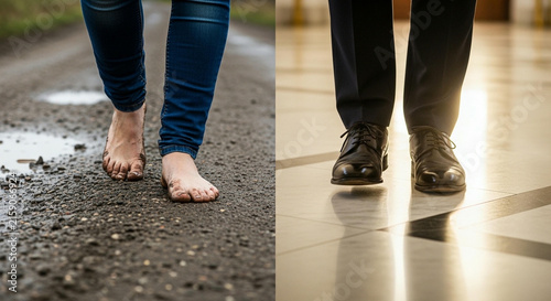 Comparison of barefoot legs walking on a muddy dirt road and elegant business shoes walking on a polished floor representing success and struggle