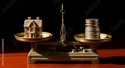 Vintage balance scale comparing real estate value and money savings, illustrating financial decisions, investment choices, and property costs in a studio setup