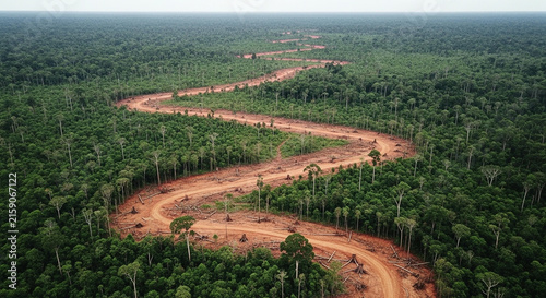 Aerial View of an Unpaved Dirt Road Winding Through a Dense Tropical Rainforest Canopy Indicating Recent Deforestation Impacts