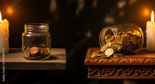 Two glass jars with coins representing low savings and high wealth illuminated by candlelight