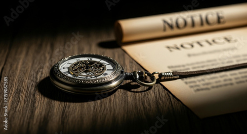 Vintage pocket watch next to a formal notice document on a dark rustic wooden table representing deadline and time limit