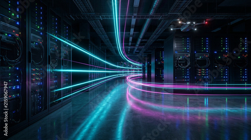 High Speed Data Transfer Light Trails and Security Drone Flying in Modern Server Room Data Center Background for Cloud Computing