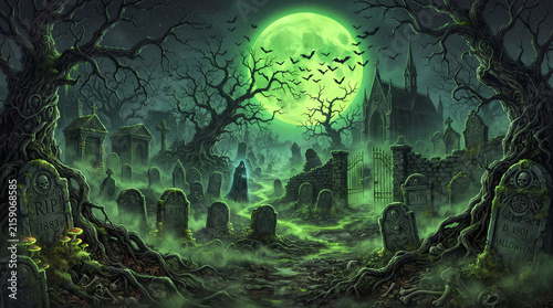 Spooky halloween graveyard at night with green full moon gothic tombstones twisted trees spooky fog graveyard cemetery halloween