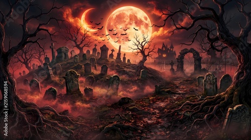 Fiery red halloween graveyard scene with glowing blood moon burning ground tombstones skeletal trees graveyard cemetery halloween