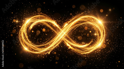 Golden glowing infinity symbol with sparkling light particles and bokeh lights on dark background for abstract concepts of eternity and energy.