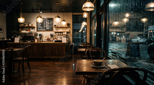 Quiet coffee shop after closing with an unfinished cup of coffee and warm evening light