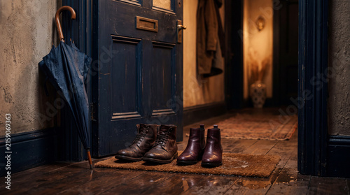 Two pairs of shoes and a wet umbrella beside a doorway after a rainy evening together