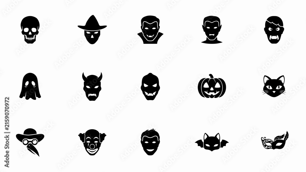Obraz premium Halloween icons set with black silhouettes of masks with collection 15 black halloween themed icons arranged four rows white background