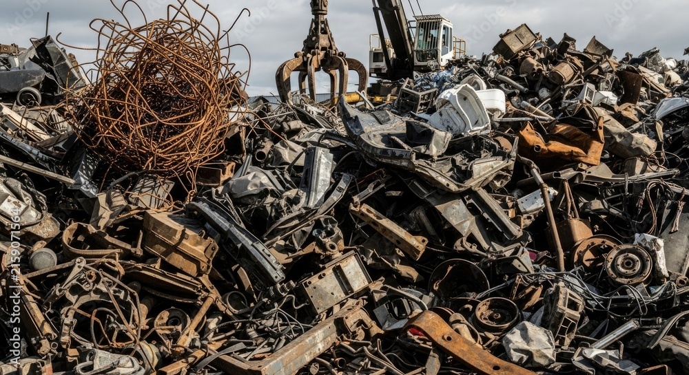 Naklejka premium A large pile of scrap metal dominates the image, consisting of various discarded car parts, appliances, and machinery.