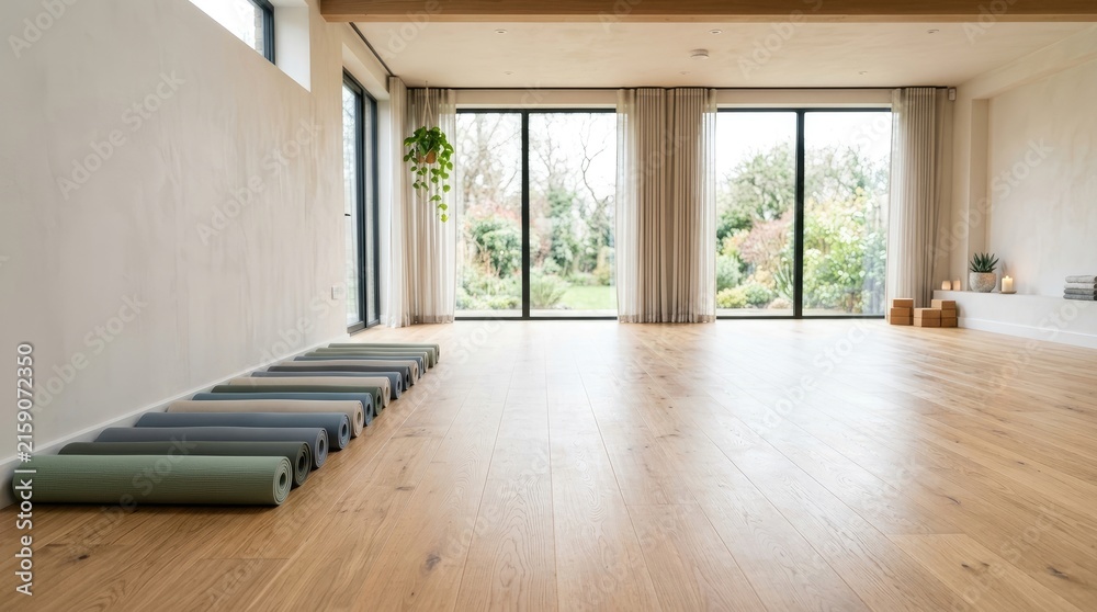Fototapeta premium A spacious, light-filled room serves as a yoga studio. Several rolled-up yoga mats are neatly arranged on a warm-toned wooden floor.