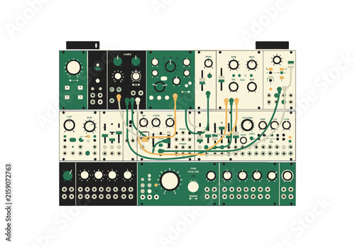 Flat vector illustration of a modular synthesizer system with patch cables and knobs.