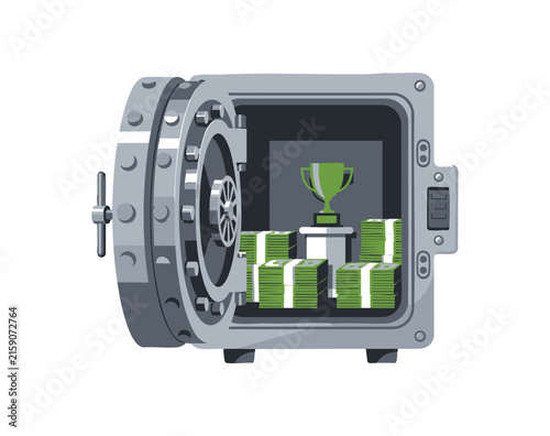 Open metal bank vault containing stacks of cash and a golden trophy inside.